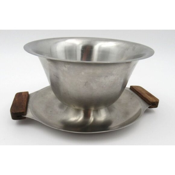 70's Japan Stainless Steel Gravy Boat Bowl Attached Drip Plate Wood Handles 18-8 - Picture 1 of 5